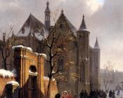 巴斯勒莫斯 约翰内斯 范 霍夫 : A Capricio View With Figures Leaving A Church In Winter